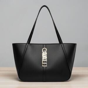 Cavalli Class Black Faux Leather Tote Bag Large Shopper Shoulder